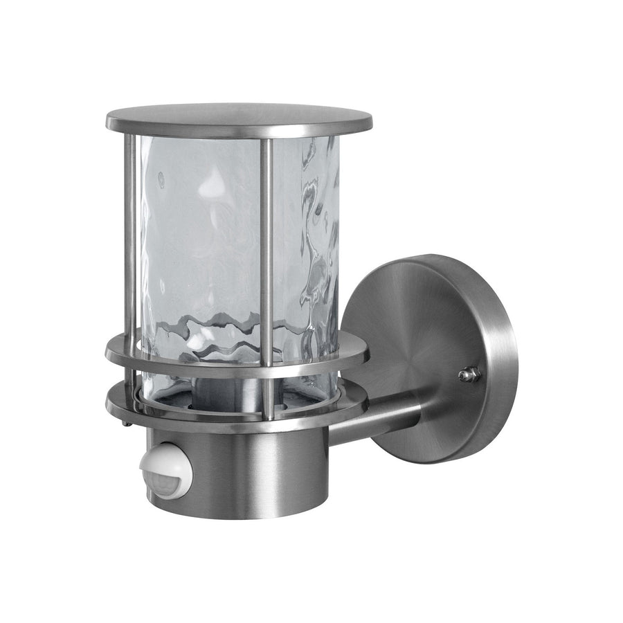 Luminaire mural cylindrique en acier inoxydable avec verre martelé et détecteur intégré.