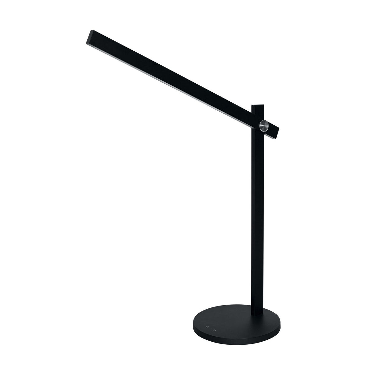 Lampadaire de bureau noir au bras incliné sur base ronde, fond blanc