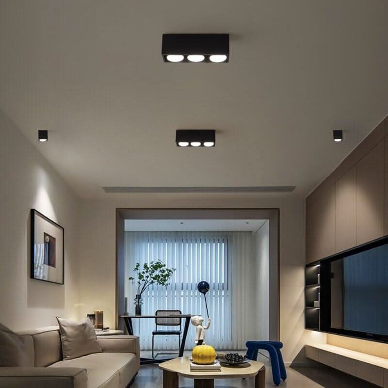 Plafonnier design noir Zephyr Sky en saillie au plafond d'un séjour contemporain, double faisceau LED – Designix.fr