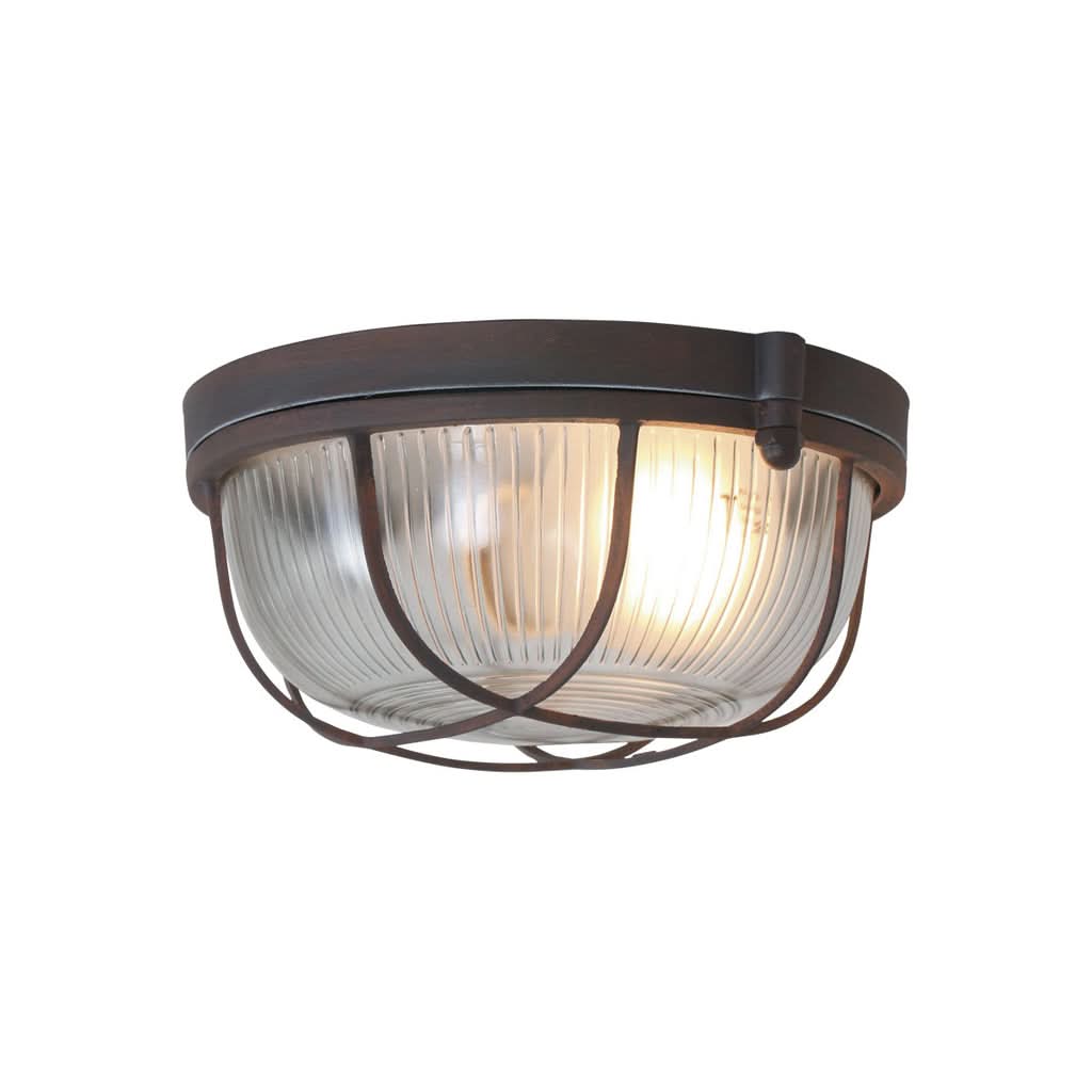 Plafonnier marron Lisanne allumé, lumière chaude diffusée par le verre strié
