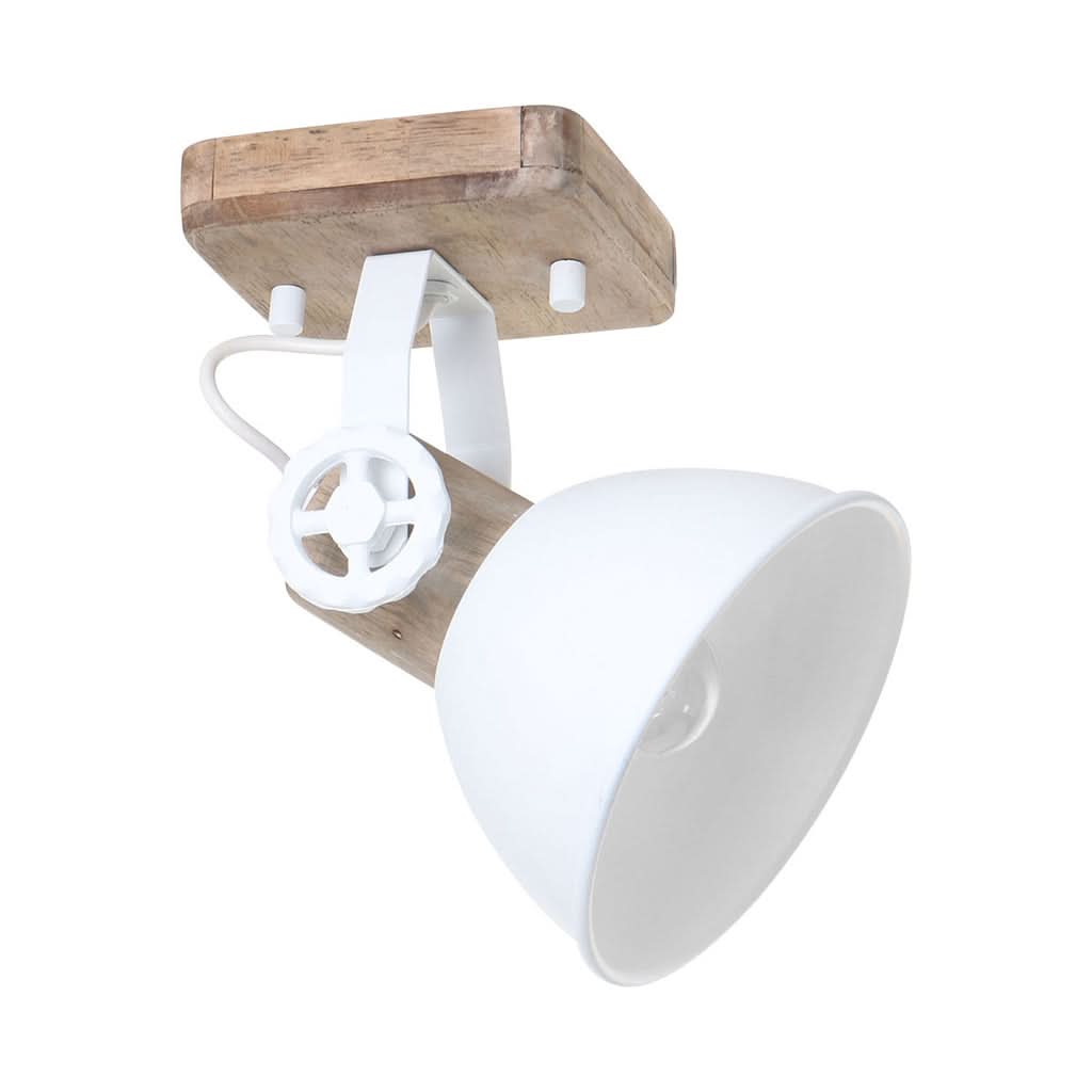 Plafonnier industriel blanc, spot orientable vue de profil, abat-jour métal et socle bois