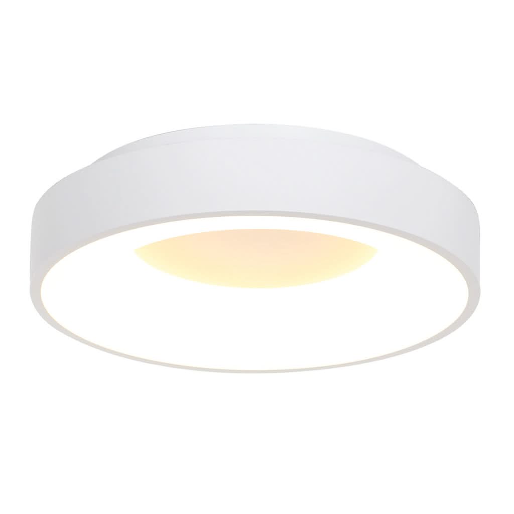 Plafonnier LED blanc circulaire vu de trois quarts, diffuseur central allumé.