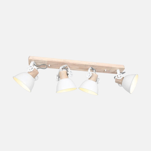 Plafonnier industriel 4 spots blanc, bois et métal orientable 90 cm | Gearwood