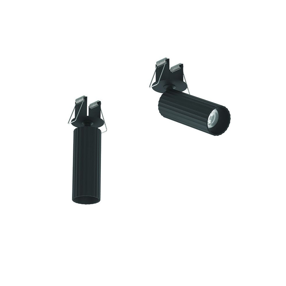 Spot cylindrique noir mat nervuré, orientable, montré droit et incliné avec son support.
