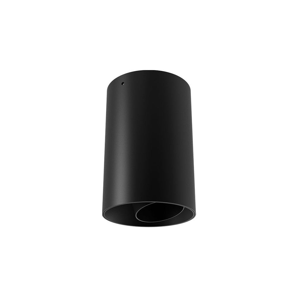 Luminaire cylindrique noir vu de trois quarts sur fond blanc, finition mate.