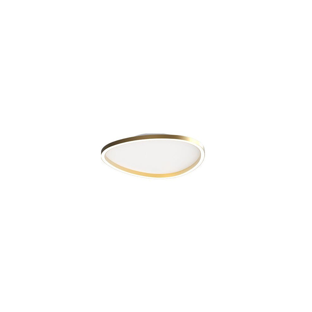 Plafonnier rond vu de face, cerclage doré et diffuseur blanc uniforme.