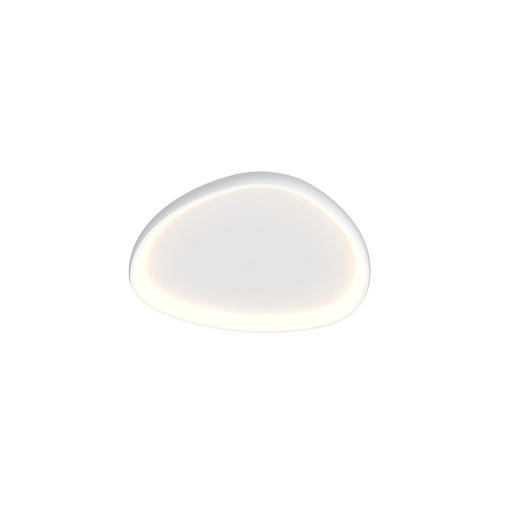 Vue de dessous du plafonnier ovale blanc avec liseré lumineux.