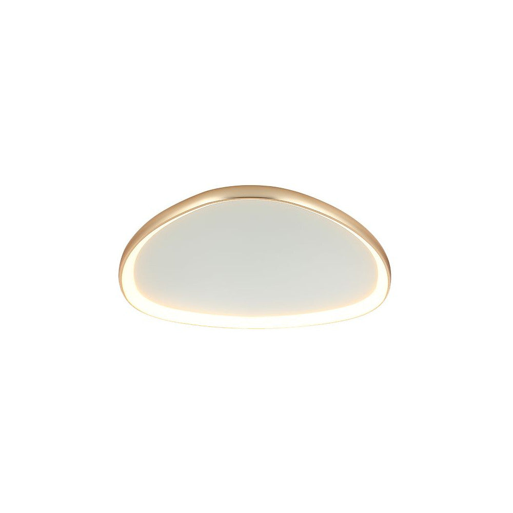Vue de face du plafonnier doré avec bord lumineux et diffuseur central blanc.