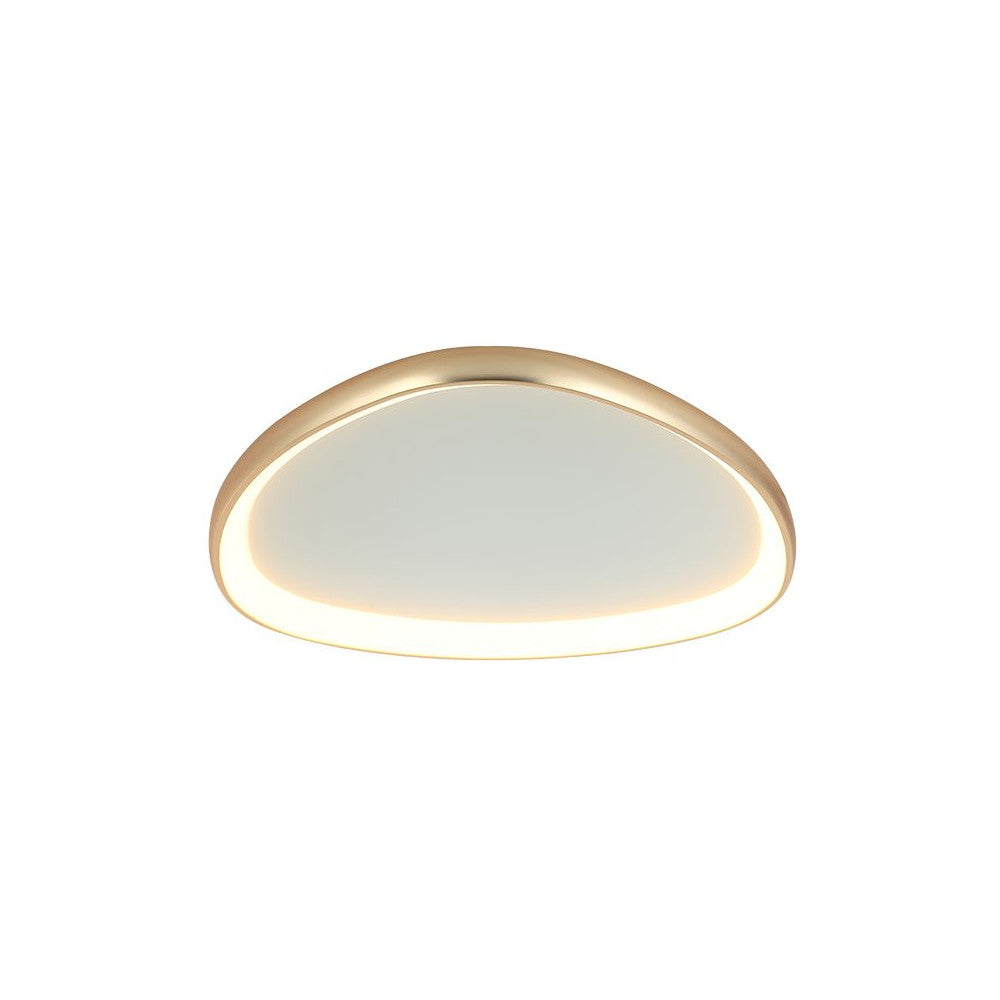 Plafonnier doré de face, diffuseur blanc allumé sur fond neutre