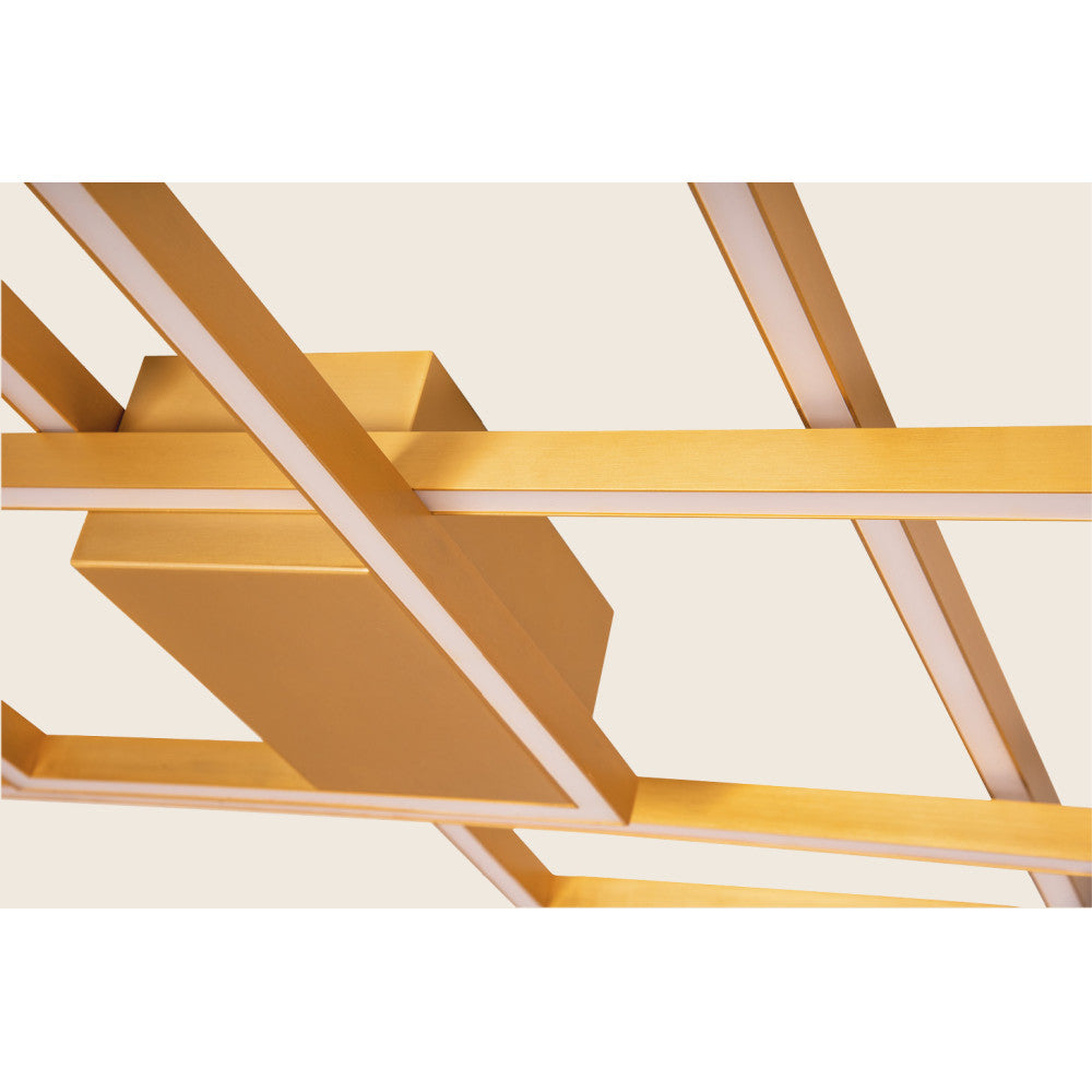 Détail rapproché de la finition or brossé et des sources LED linéaires