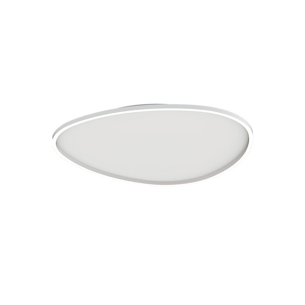 Plafonnier LED blanc ovale, vue de dessous, diffuseur opale et cerclage fin.