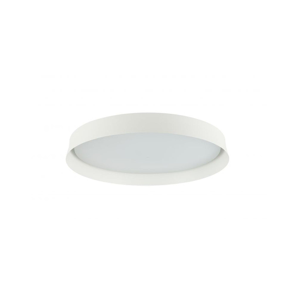 Plafonnier rond blanc mat éteint, vu de face sur fond blanc