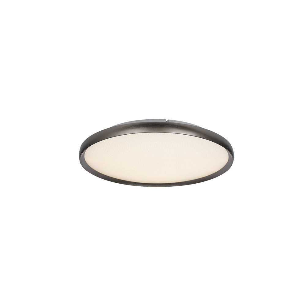 Plafonnier rond gris foncé vu de face, diffuseur blanc légèrement lumineux