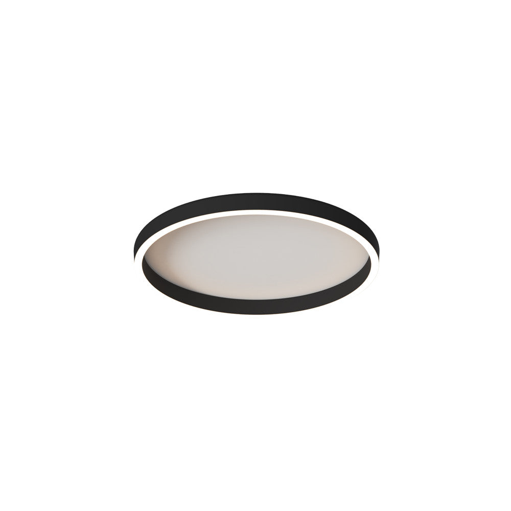 Plafonnier rond noir à diffuseur blanc, vue de trois quarts sur fond neutre.