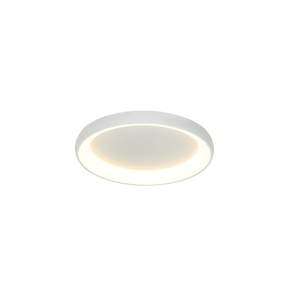 Plafonnier rond blanc vu de face sur fond neutre, halo lumineux allumé