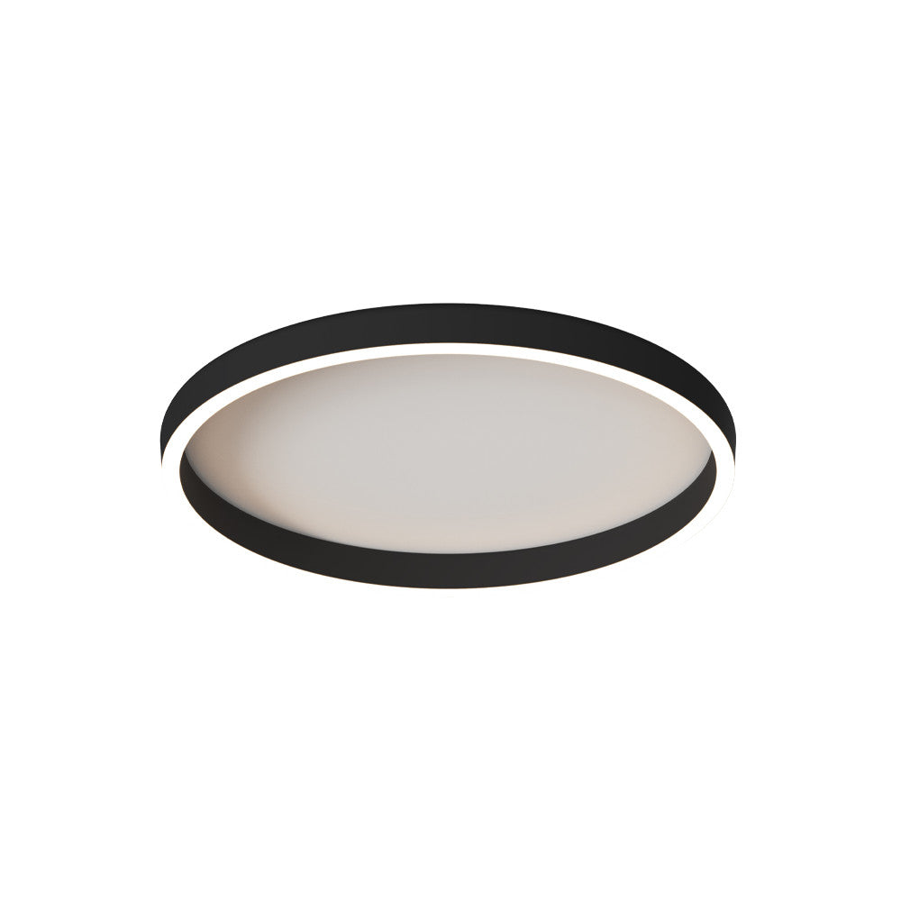 Plafonnier rond vu de trois quarts, cerclage noir et diffuseur blanc opale