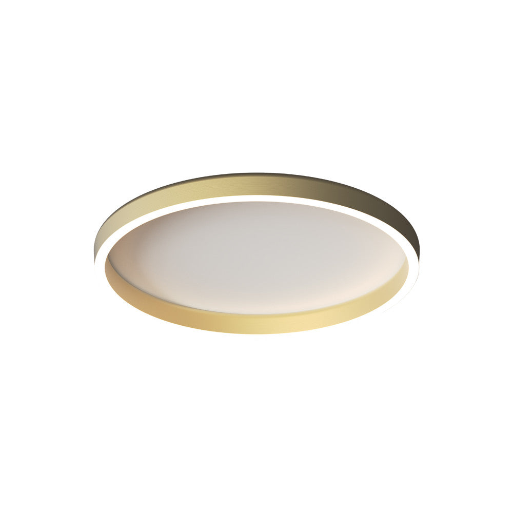 Plafonnier rond doré de face sur fond blanc, finition or brossé et diffuseur blanc.