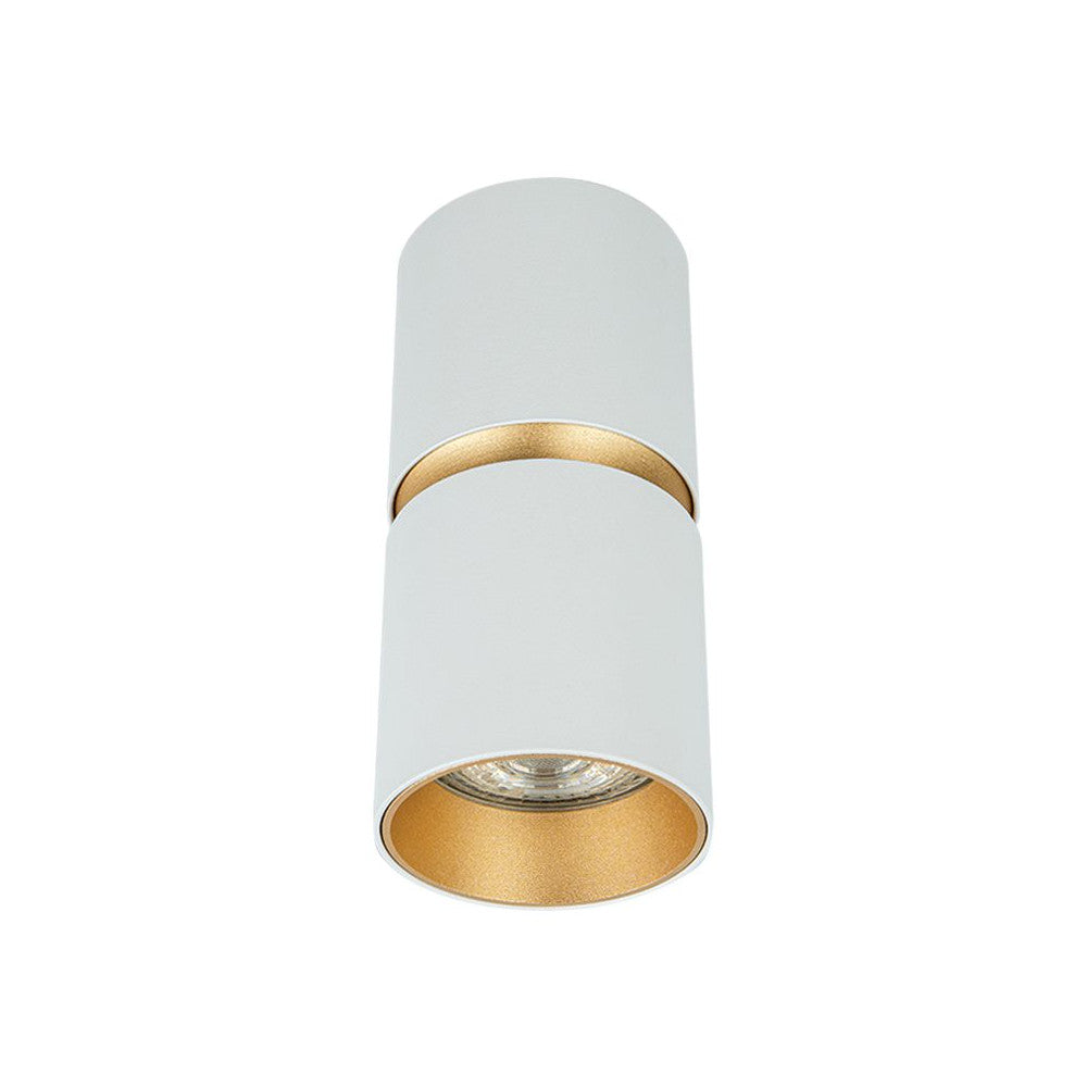Plafonnier cylindrique blanc, anneau doré et ampoule GU10 apparente