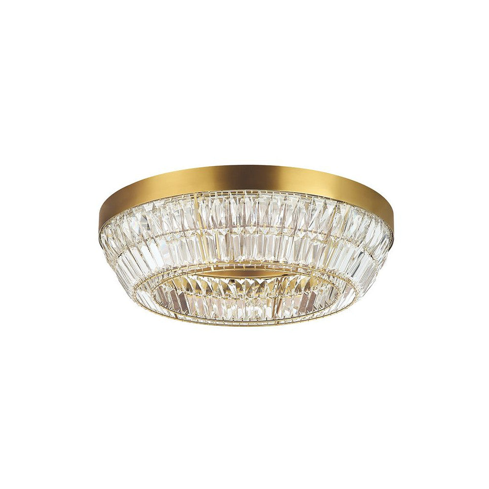 Plafonnier rond vu de face, cerclage doré et cristaux taillés sur fond blanc