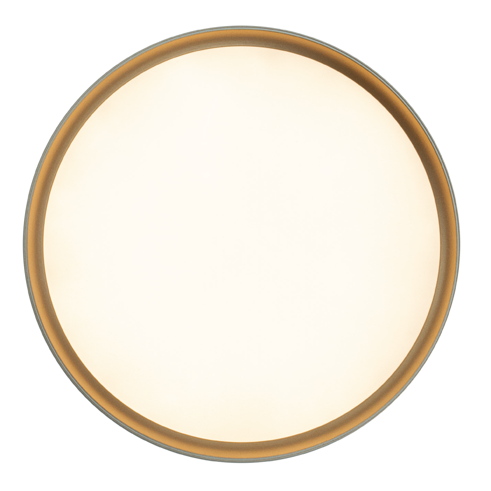 Vue de dessous du luminaire, grand diffuseur rond cerclé d'un anneau doré.
