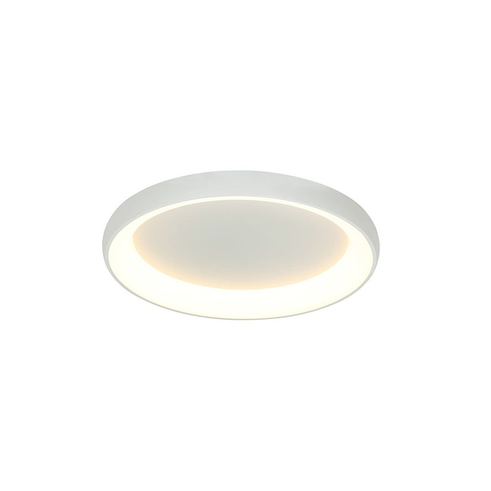 Plafonnier rond blanc sable de face sur fond blanc, halo lumineux allumé
