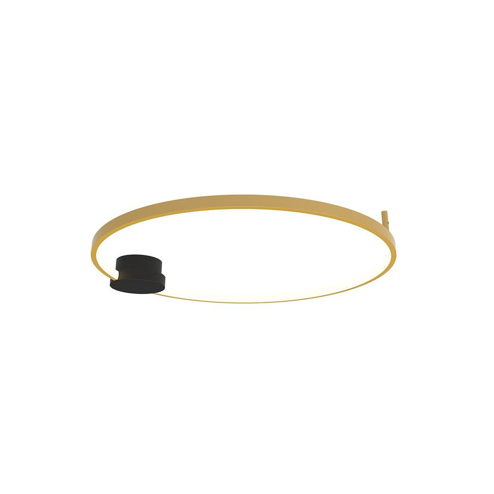 Luminaire rond doré et noir vu de face sur fond blanc, anneau ouvert lumineux