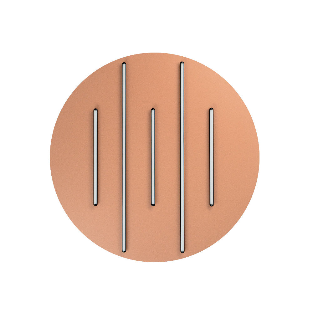 Plafonnier circulaire terracotta vu de face, cinq barres LED noires verticales non allumées