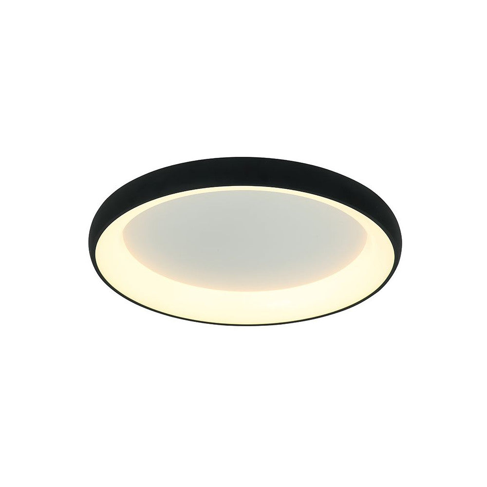 Plafonnier rond noir vu de trois quarts, diffuseur blanc allumé