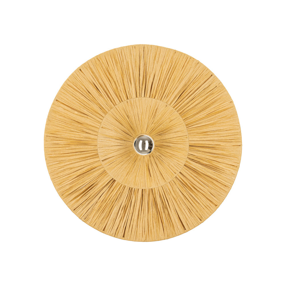 Applique murale ronde en rotin naturel tressé, vue de face sur fond blanc