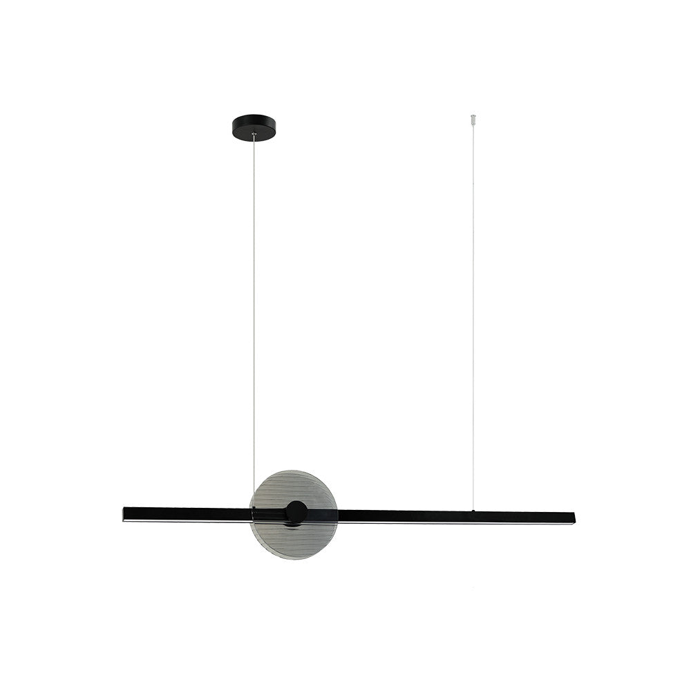 Suspension noire de face sur fond blanc avec disque en verre fumé