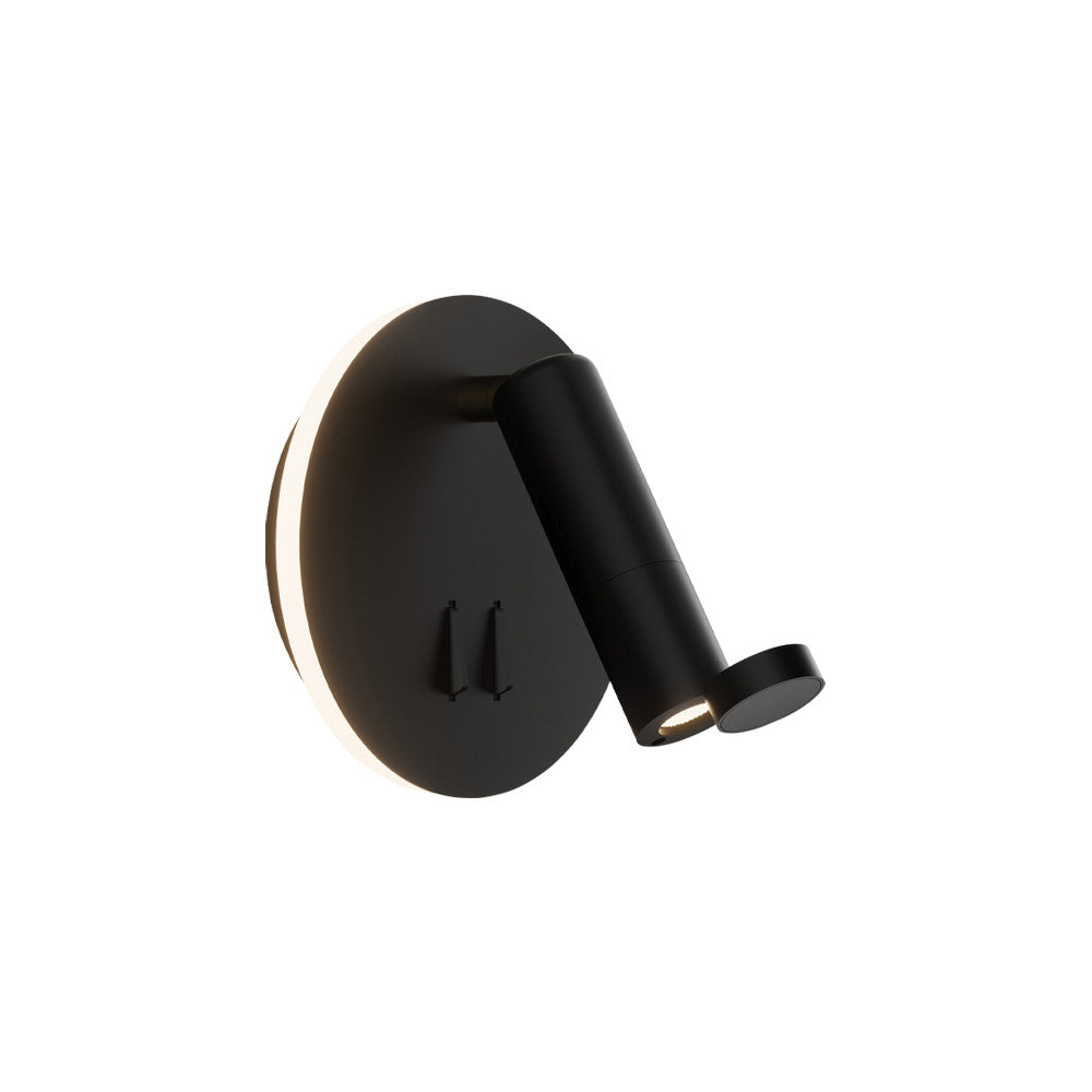 Vue de face du luminaire mural noir avec bras cylindrique orientable et halo lumineux