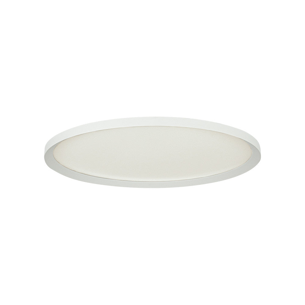 Plafonnier rond blanc vu de trois-quart, diffuseur opale éteint sur fond neutre