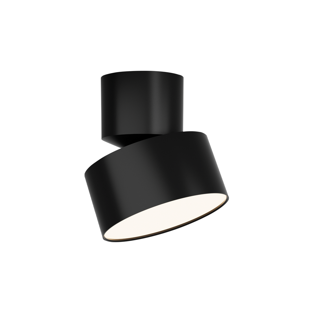 Plafonnier noir orientable vu de face, cylindre incliné sur socle.