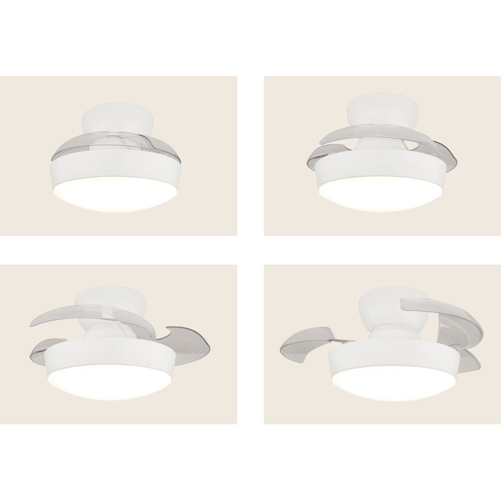 Planche de quatre vues du ventilateur plafond blanc et de ses pales mobiles.
