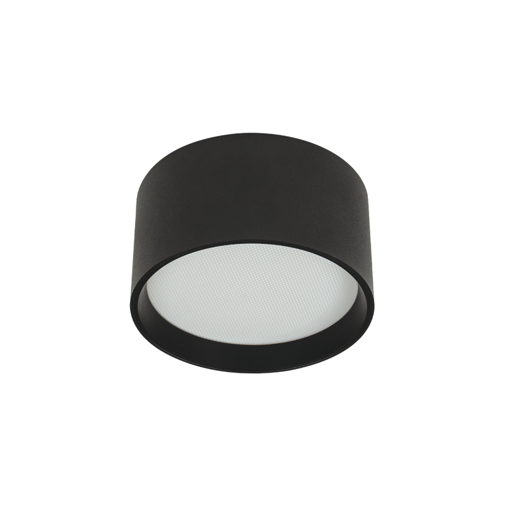 Plafonnier cylindrique noir vu de dessous, diffuseur blanc, fond blanc, produit seul