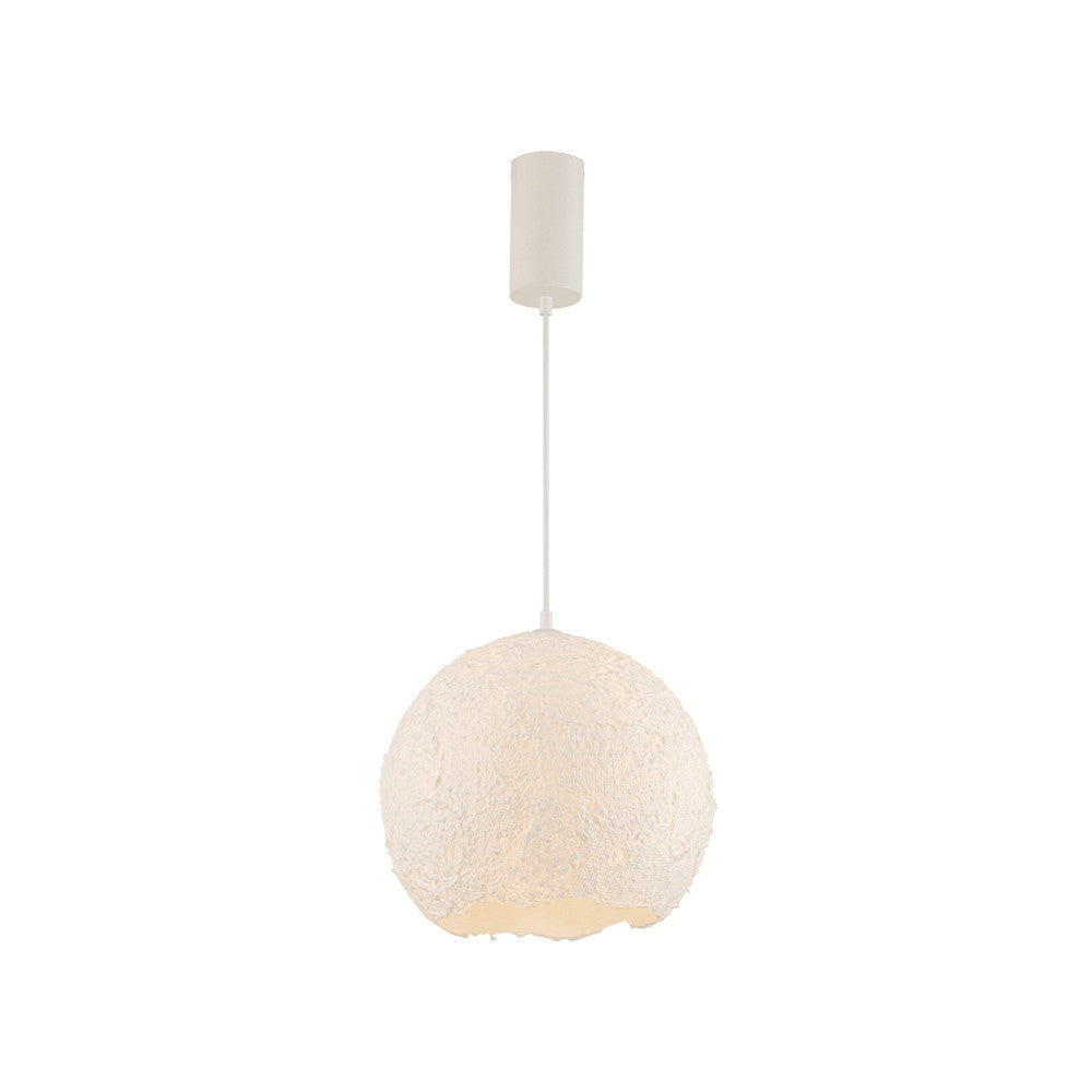 Suspension blanche avec abat-jour sphérique texturé, câble et rosace blancs.