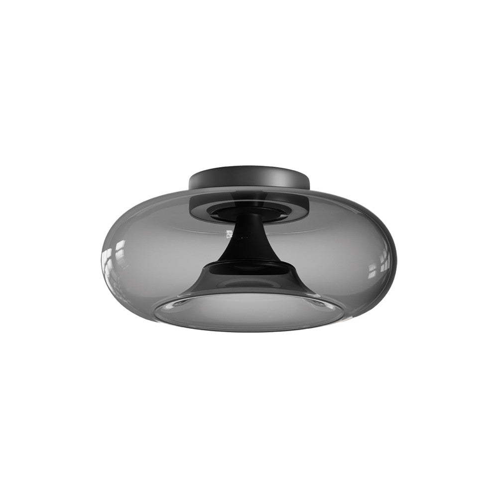 Plafonnier vu de face, grand verre fumé ovale et embase noire mate