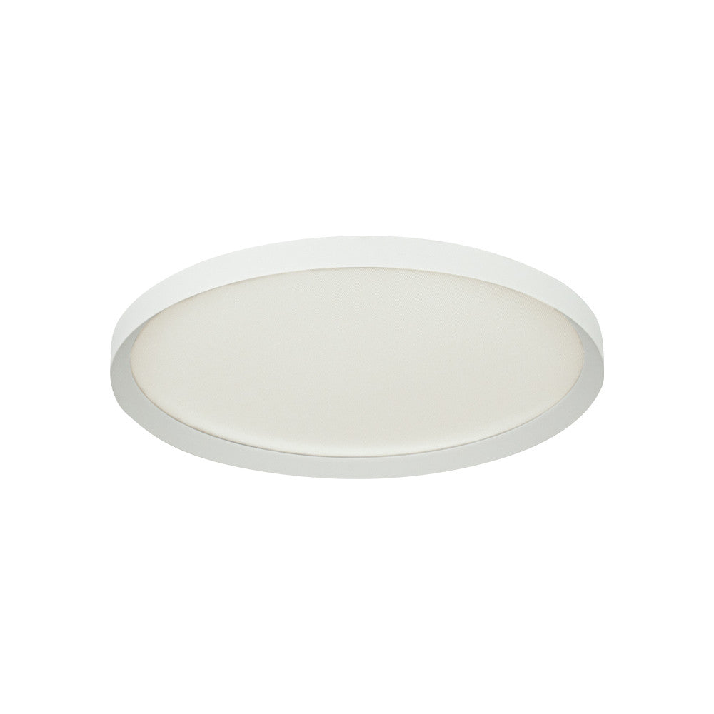 Plafonnier rond de face, cadre blanc sable et diffuseur opale uniforme sur fond blanc