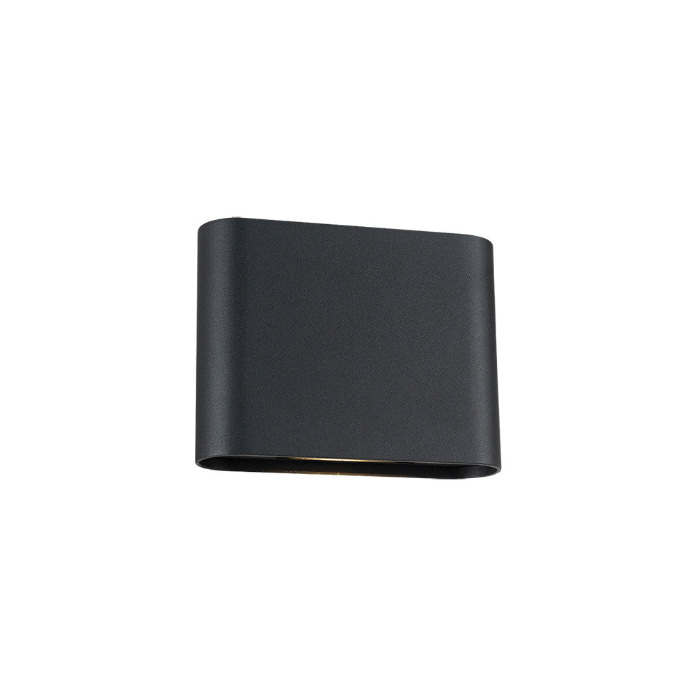 Applique murale noire de face, boîtier rectangulaire arrondi sur fond neutre