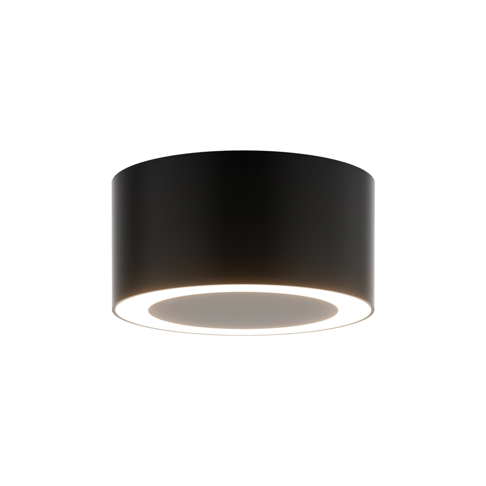 Vue de face du plafonnier cylindrique noir, anneau lumineux diffusant vers le bas