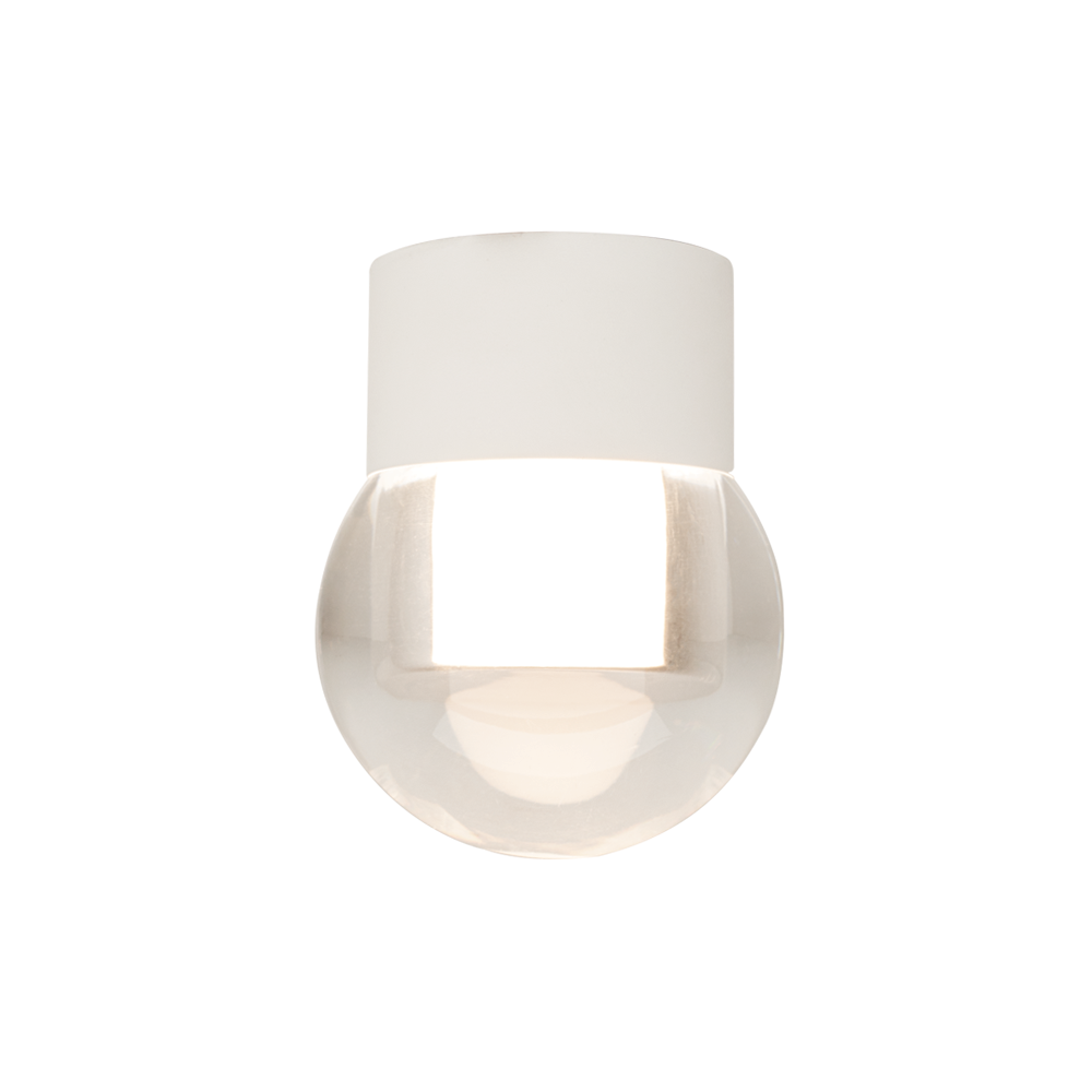 Vue de face du plafonnier sur fond blanc, base cylindrique et diffuseur sphérique