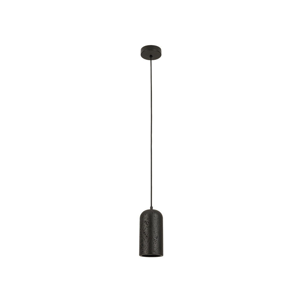 Vue d'ensemble de la suspension noire avec abat-jour cylindrique et fin câble