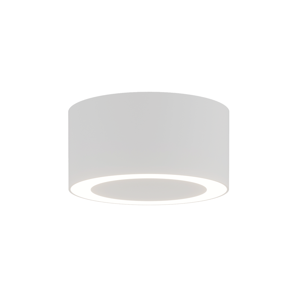 Plafonnier cylindrique blanc sable allumé, présenté de face sur fond blanc.