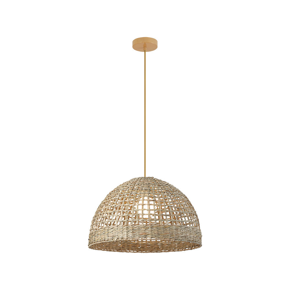 Suspension en rotin beige avec abat-jour en forme de dôme et câble textile.