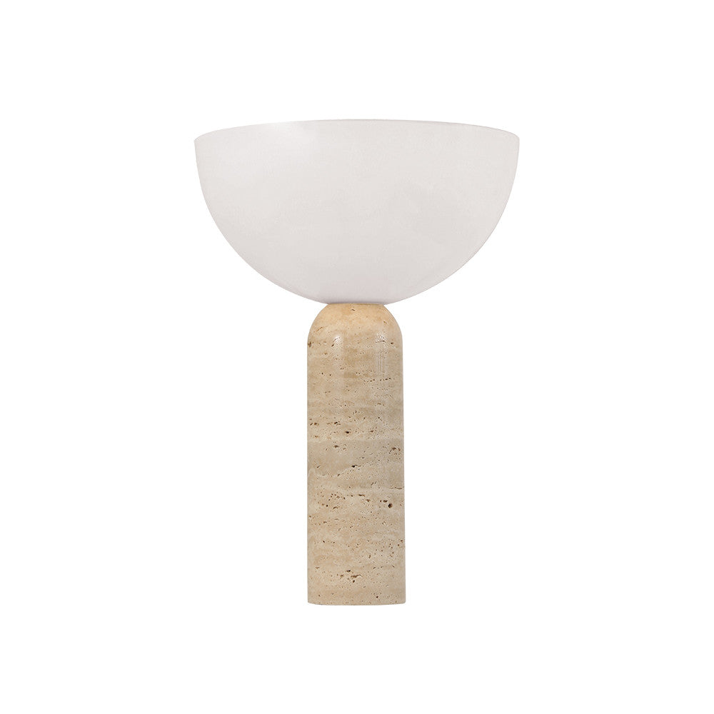 Lampe de table en pierre beige surmontée d'une coupelle blanche, vue de face