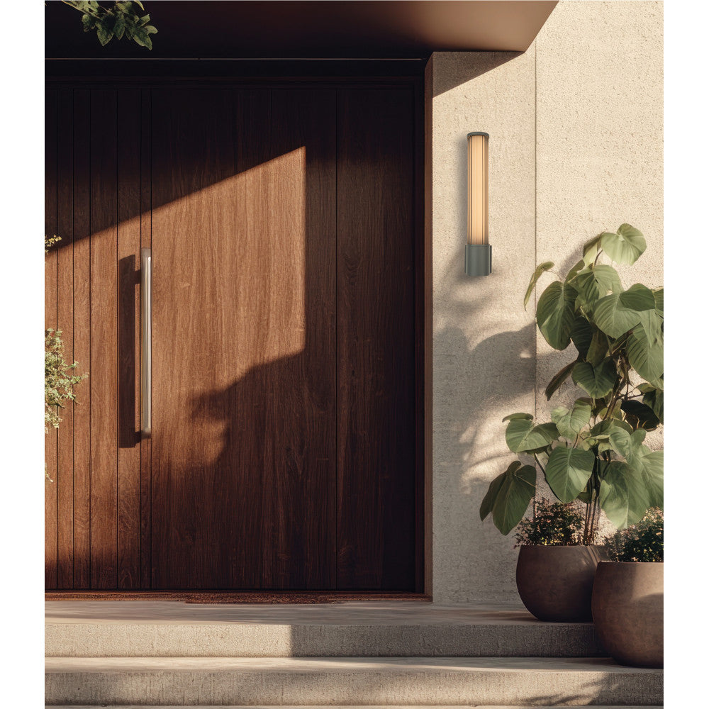 Mise en ambiance extérieure, applique murale graphite allumée près d'une porte en bois et de plantes.