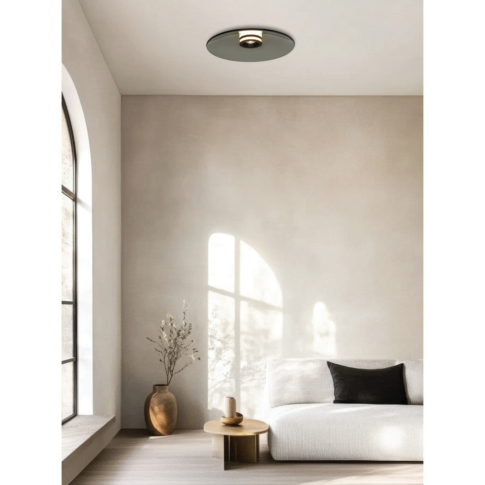 Mise en ambiance du luminaire fixé au plafond dans un salon minimaliste baigné de lumière