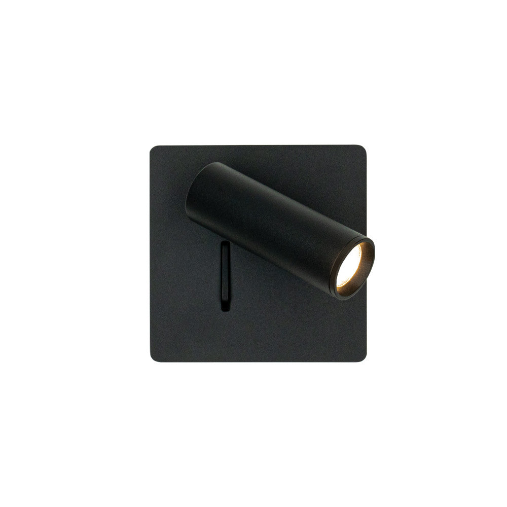 Applique murale noire de face avec projecteur cylindrique et interrupteur intégré.