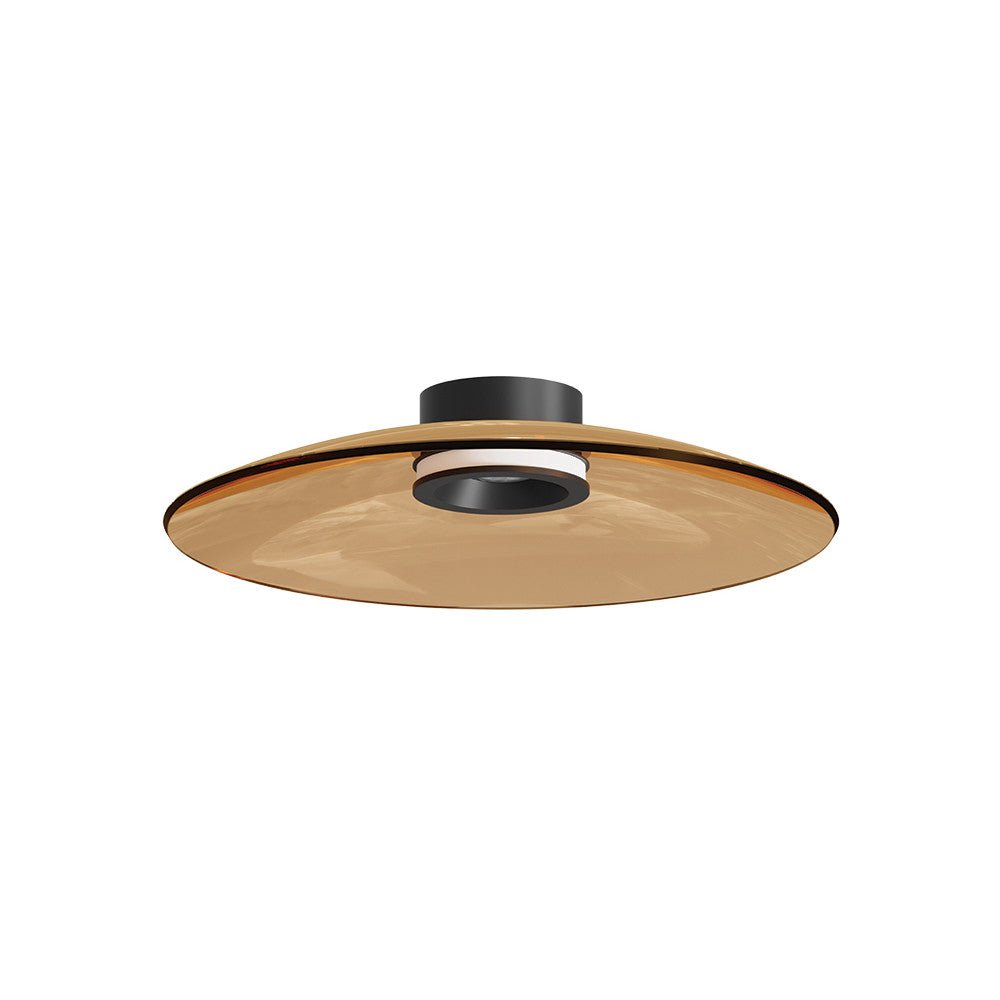 Vue de face du plafonnier rond en verre brun avec support noir mat.