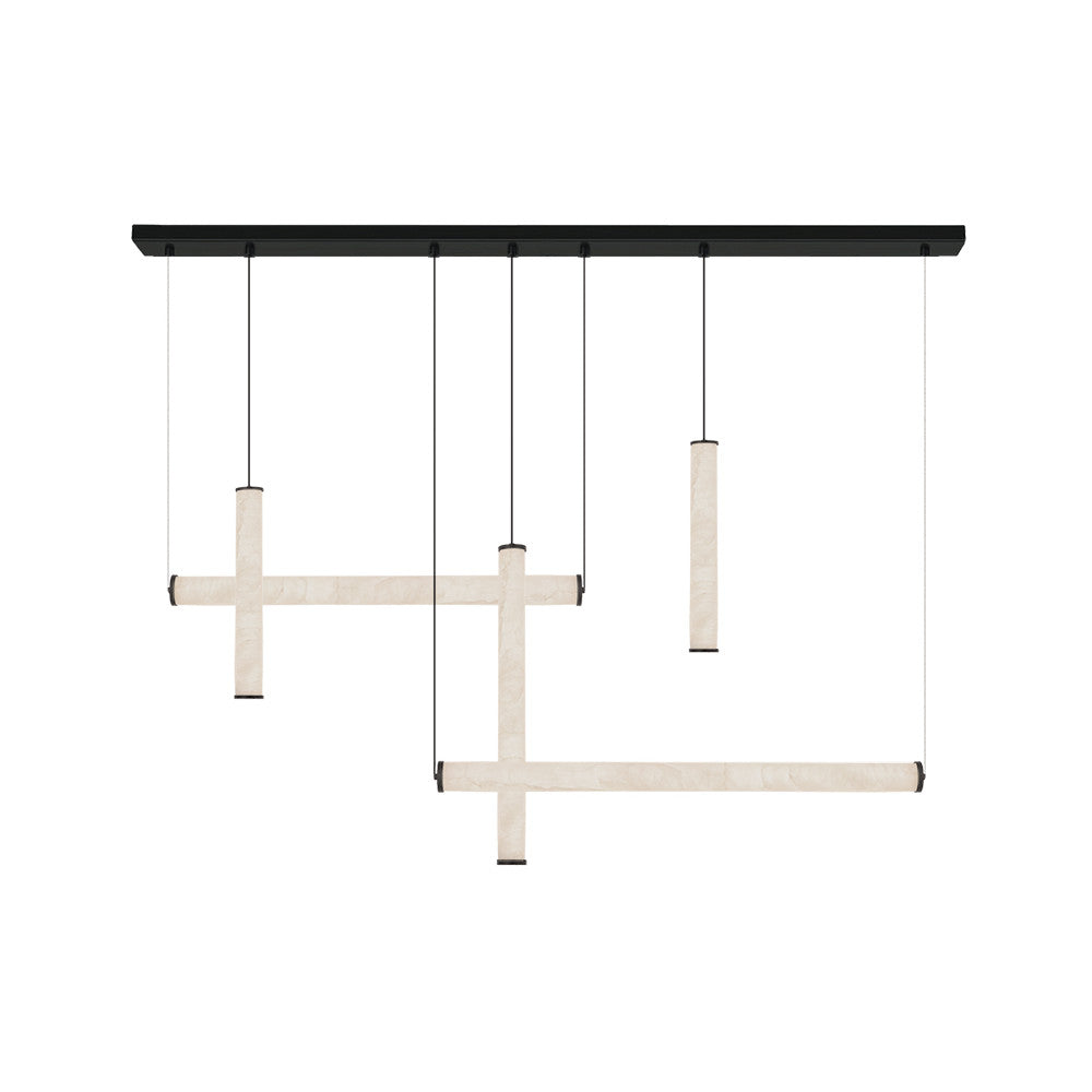 Suspension design à croix lumineuses en albâtre blanc suspendues sous un rail noir